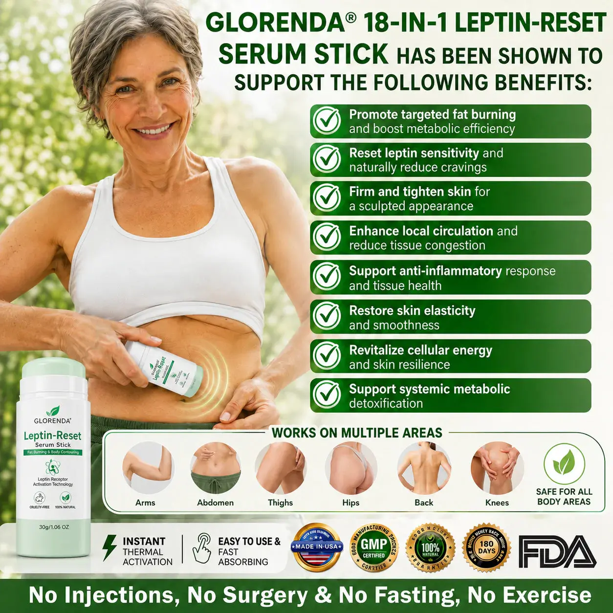 GLORENDA 18-in-1 Leptin-Reset Serum Stick Targeted Metabolic Reset & Body Contouring Balm · Painless & Non-Invasive