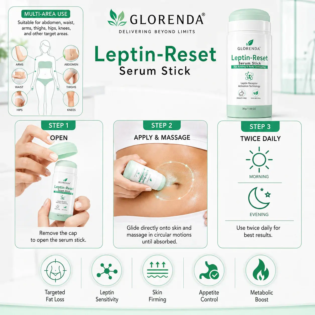 GLORENDA 18-in-1 Leptin-Reset Serum Stick Targeted Metabolic Reset & Body Contouring Balm · Painless & Non-Invasive